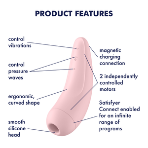Satisfyer Curvy 2+ Air Pulse Stimulator Product Features (clockwise): magnetic charging connection (pointing behind product on top); 2 independently controlled motors (pointing to top and bottom of product), Satisfyer Connect enabled for an infinite range of programs (pointing to bottom part); smooth silicone head (pointing to the head); ergonomic curved shape (pointing to left side); control pressure waves (pointing to bottom control buttons); control vibrations (pointing to top control button).