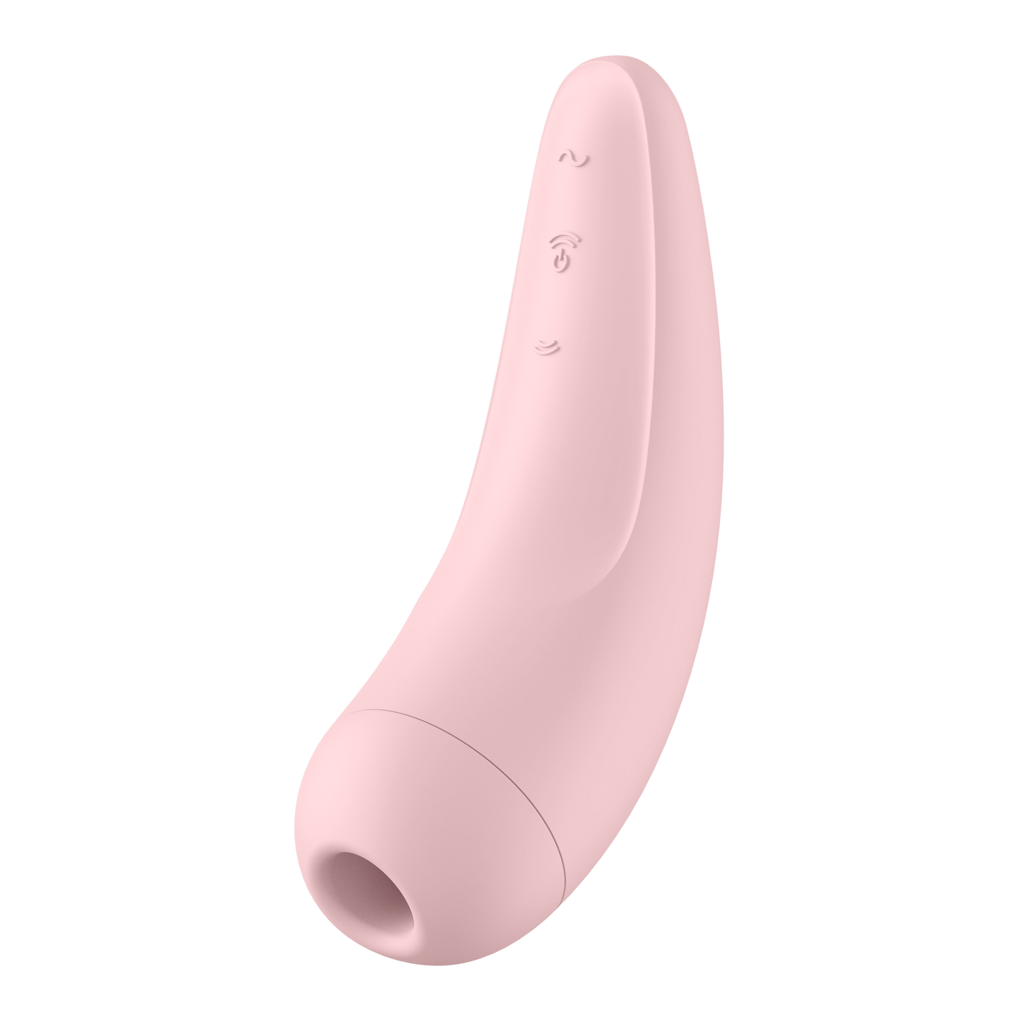 Front side of the Satisfyer Curvy 2+ Air Pulse Stimulator, on the top left are the controls top to bottom is the Vibration control (marked by horizontal S), and the bottom two are air pulse intensity controls (Marked by arching air waves pointing away from each other), the middle button is also the power button.