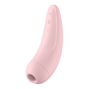 Front side of the Satisfyer Curvy 2+ Air Pulse Stimulator, on the top left are the controls top to bottom is the Vibration control (marked by horizontal S), and the bottom two are air pulse intensity controls (Marked by arching air waves pointing away from each other), the middle button is also the power button.