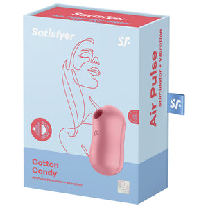 Satisfyer Cotton Candy Air Pulse Stimulator package. ZFront of the package written Satisfyer Cotton Candy Air Pulse Stimulator + Vibration, and 15 years gurantee. front of the pink cotton candy Air Pulse Stimulator, with "sg" logo showing. On the side of the package written Air Pulse Stimulator + Vibration.