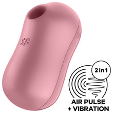 Load image into Gallery viewer, Side front view of the Satisfyer Cotton Candy Air Pulse Stimulator with the &quot;sf&quot; logo visible on the product. On the bottom right displays 2 in 1 AIR PULSE + VIBRATION icon.