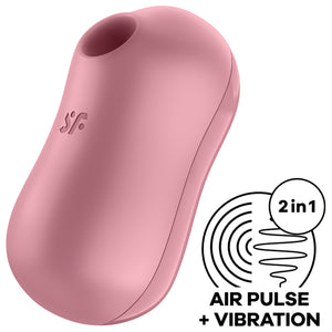 Side front view of the Satisfyer Cotton Candy Air Pulse Stimulator with the "sf" logo visible on the product. On the bottom right displays 2 in 1 AIR PULSE + VIBRATION icon.