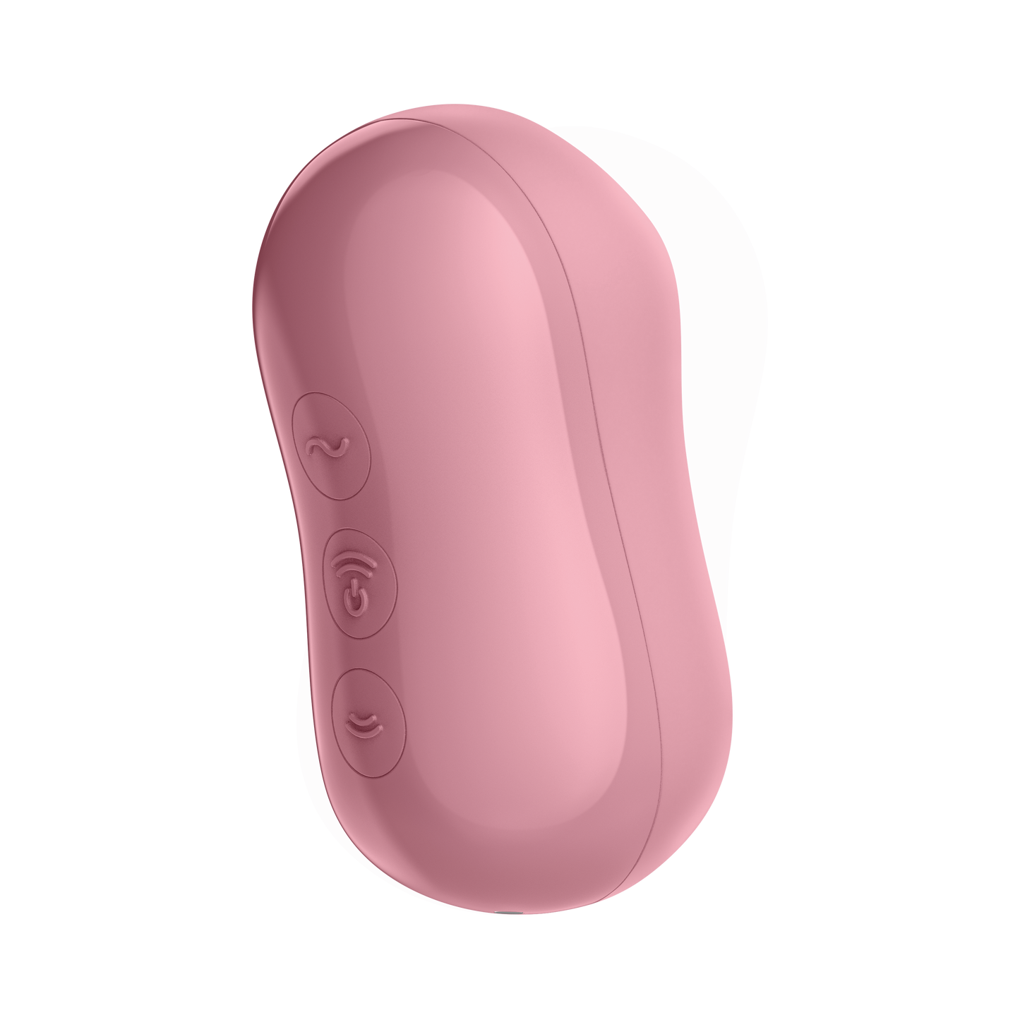 Bottom view from the side of the Satisfyer Cotton Candy Air Pulse Stimulator, with three controls from top to bottom visible on the bottom of the product