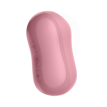 Load image into Gallery viewer, Bottom view from the side of the Satisfyer Cotton Candy Air Pulse Stimulator, with three controls from top to bottom visible on the bottom of the product