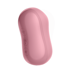 Bottom view from the side of the Satisfyer Cotton Candy Air Pulse Stimulator, with three controls from top to bottom visible on the bottom of the product