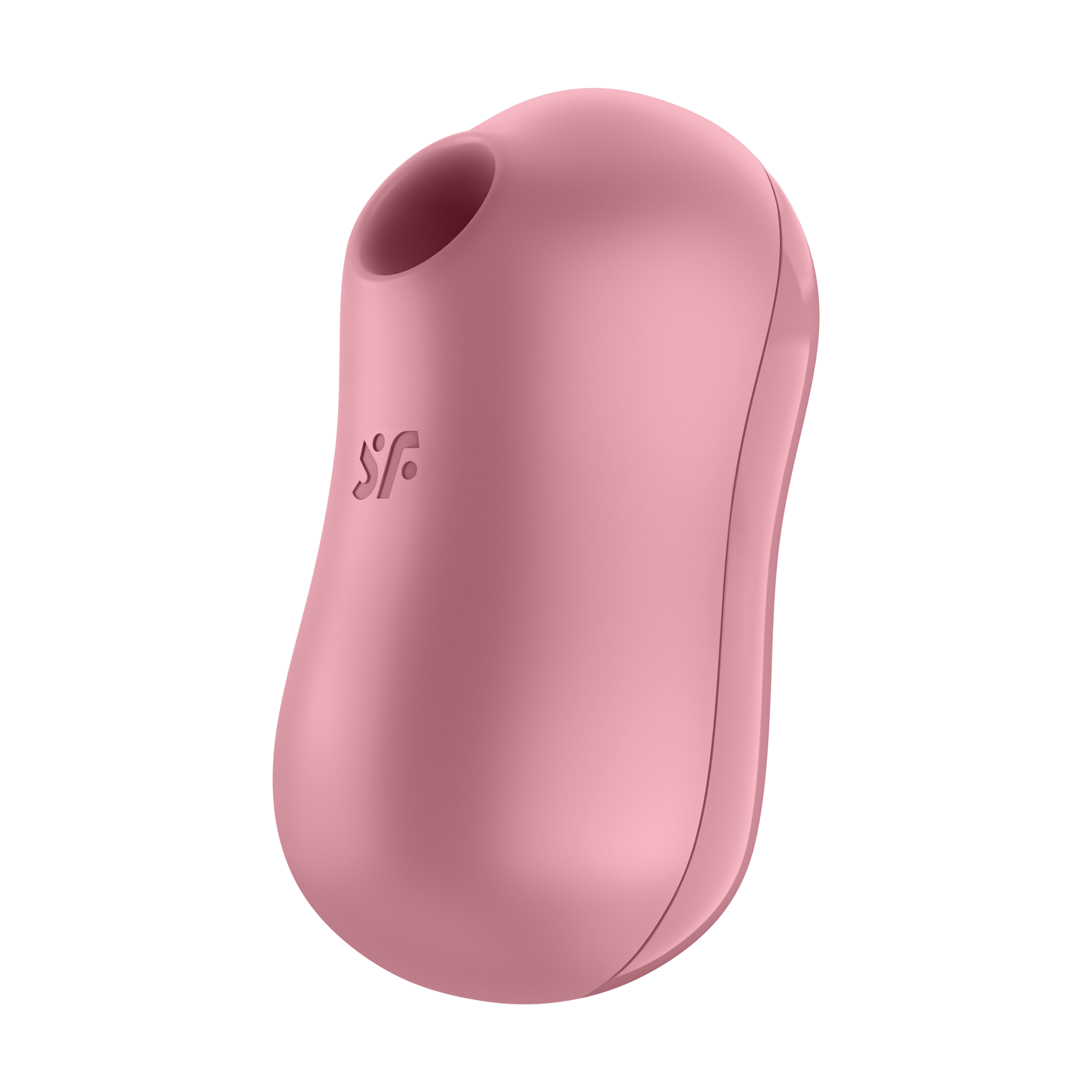 Top view from the side of the Satisfyer Cotton Candy Air Pulse Stimulator, with the "sf" logo visible on the top of the product.