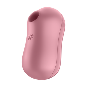 Top view from the side of the Satisfyer Cotton Candy Air Pulse Stimulator, with the "sf" logo visible on the top of the product.