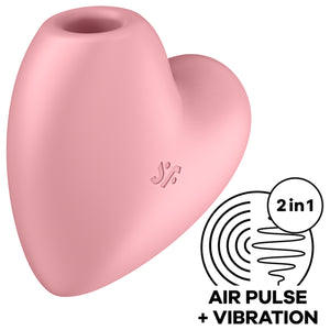 Satisfyer Cutie Heart front left side of the product showing the "sf" logo on the side. 2 in 1 Air Pulse + Vibration icon..