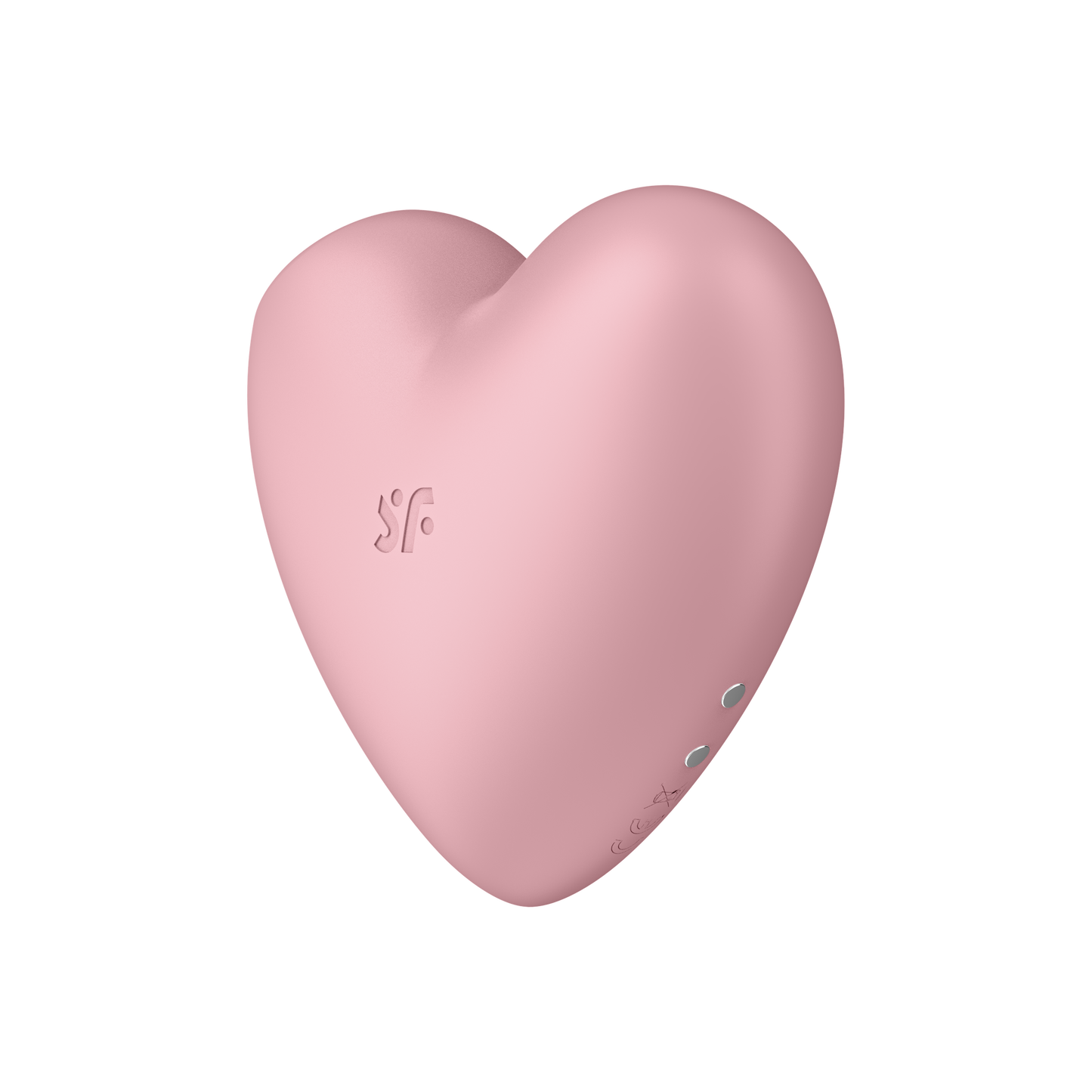 Satisfyer Cutie Heart Air Pulse Stimulator on the left side of the product showing the "sf" logo, and on the back side charging port visible.