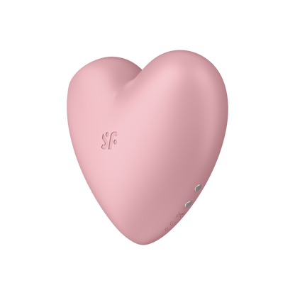 Satisfyer Cutie Heart Air Pulse Stimulator on the left side of the product showing the "sf" logo, and on the back side charging port visible.