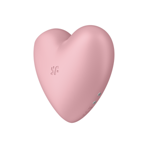 Satisfyer Cutie Heart Air Pulse Stimulator on the left side of the product showing the "sf" logo, and on the back side charging port visible.