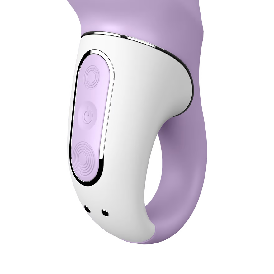 Close up of the handle from the Satisfyer Charming Smile Vibrator. The top and bottom control buttons are intensity controls, and the middle is the power button. Underneath is the charging port.