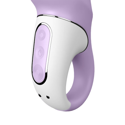 Close up of the handle from the Satisfyer Charming Smile Vibrator. The top and bottom control buttons are intensity controls, and the middle is the power button. Underneath is the charging port.