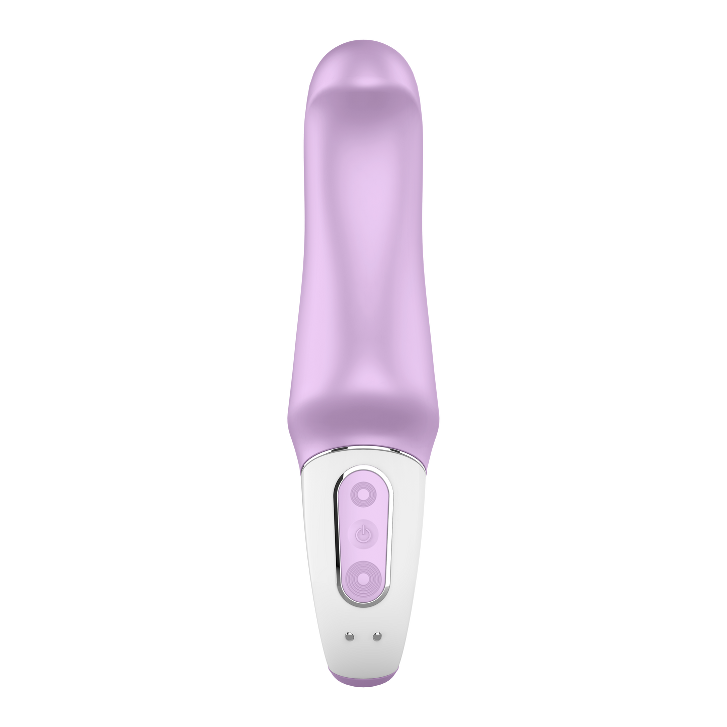 Front of the Satisfyer Charming Smile Vibrator. The 3 control buttons on the handle top and bottom controlling the intensities, and the middle is the power button. Underneath is the charging port.