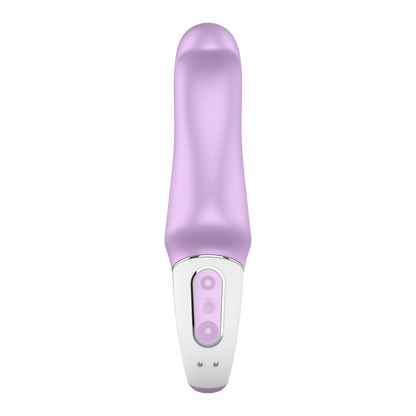 Front of the Satisfyer Charming Smile Vibrator. The 3 control buttons on the handle top and bottom controlling the intensities, and the middle is the power button. Underneath is the charging port.