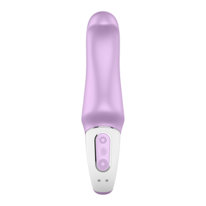 Front of the Satisfyer Charming Smile Vibrator. The 3 control buttons on the handle top and bottom controlling the intensities, and the middle is the power button. Underneath is the charging port.