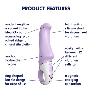 Satisfyer Charming Smile Vibrator Product Features (clockwise): full, flexible silicone shaft for streamlines vibrations (pointing to upper front); easily switch between 12 different vibrations (pointing to top and bottom control buttons); magnetic charging connection (pointing to charging port); ring-shaped handle design for ease of use (pointing to handle); made of body-safe silicone; modest length with a curved tip for ideal G-spot massaging, plus raised ridge for clitoral stimulation