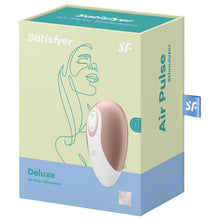 Load image into Gallery viewer, Front package of Satisfyer Deluxe Air Pulse Stimulator showing the Air Pulse Stimulator, and a 15 Year Manufacturer&#39;s Warranty. On the side of the package is written Air Pulse Stimulator with a tak displaying &quot;SF&quot; logo.