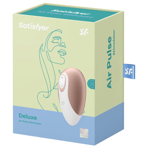 Front package of Satisfyer Deluxe Air Pulse Stimulator showing the Air Pulse Stimulator, and a 15 Year Manufacturer's Warranty. On the side of the package is written Air Pulse Stimulator with a tak displaying "SF" logo.