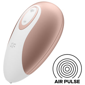 Satisfyer Deluxe Air Pulse Stimulator With Intensity controls on top of the product, and the "SF" logo visible on the top. Bottom Right is an icon for AIR PULSE.