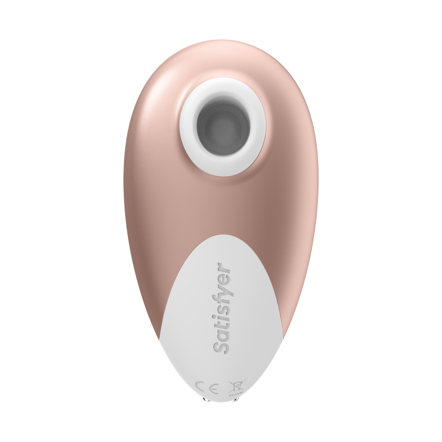 Bottom of the Satisfyer Deluxe Air Pulse Stimulator, with "Satisfyer" written at the bottom of the product, and on the top is the Air Vibe.