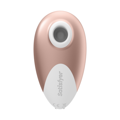 Bottom of the Satisfyer Deluxe Air Pulse Stimulator, with "Satisfyer" written at the bottom of the product, and on the top is the Air Vibe.