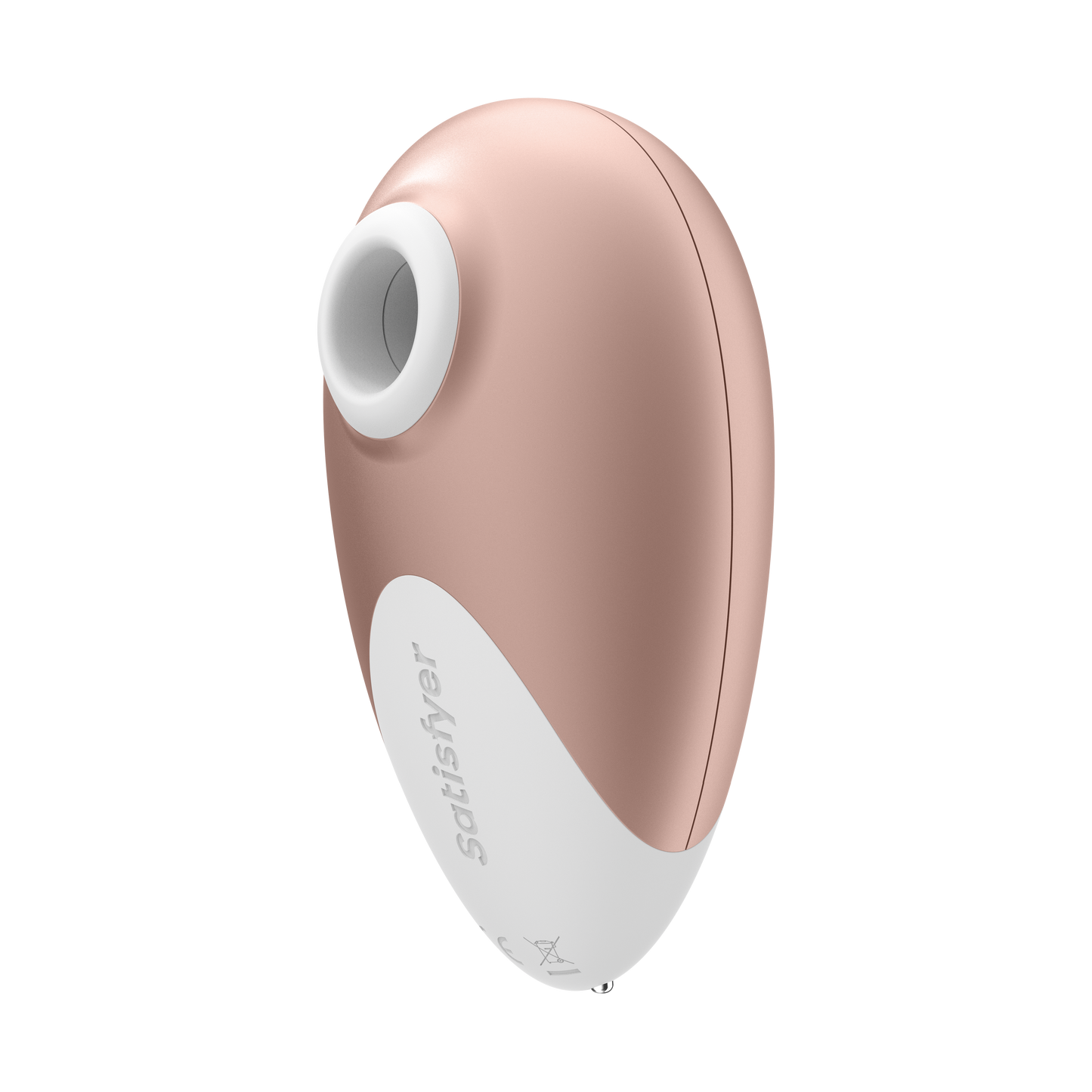 Bottom Left of the Satisfyer Deluxe Air Pulse Stimulator, with "Satisfyer" written at the bottom of the product.