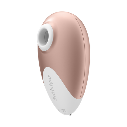 Bottom Left of the Satisfyer Deluxe Air Pulse Stimulator, with "Satisfyer" written at the bottom of the product.