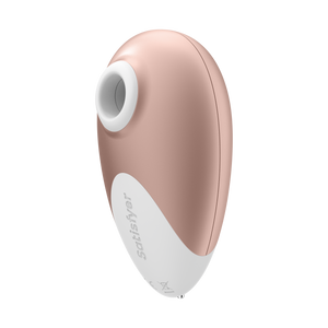 Bottom Left of the Satisfyer Deluxe Air Pulse Stimulator, with "Satisfyer" written at the bottom of the product.