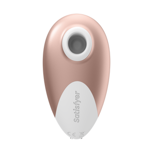 Bottom of the Satisfyer Deluxe Air Pulse Stimulator, with "Satisfyer" written at the bottom of the product, and on the top is the Air Vibe.