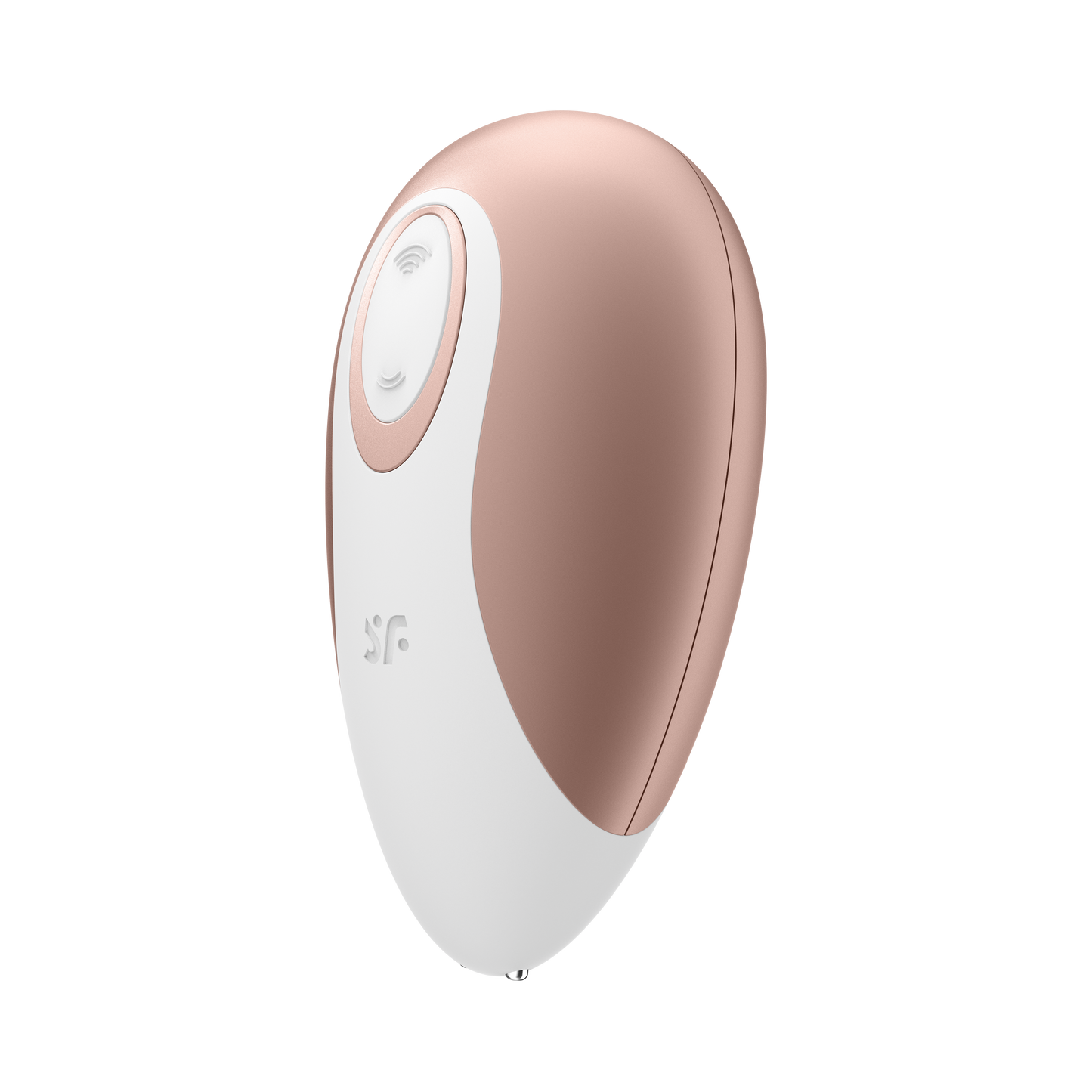 Top left of the Satisfyer Deluxe Air Pulse Stimulator With the controls visible on the top of the product, and the "sf" logo