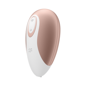 Top left of the Satisfyer Deluxe Air Pulse Stimulator With the controls visible on the top of the product, and the "sf" logo