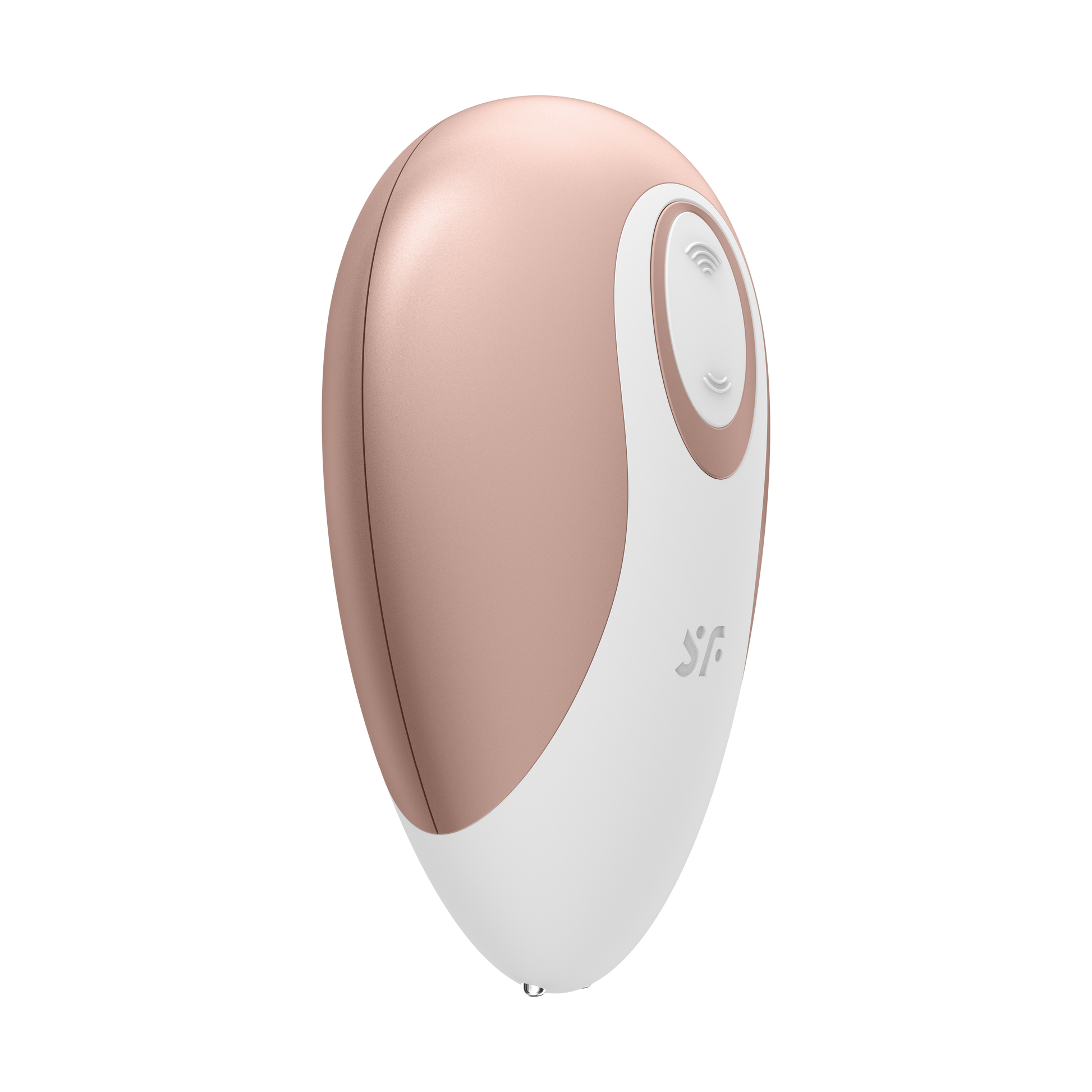 Top Right of the Satisfyer Deluxe Air Pulse Stimulator with the controls on the top of the product facing the right side with the "SF" logo.