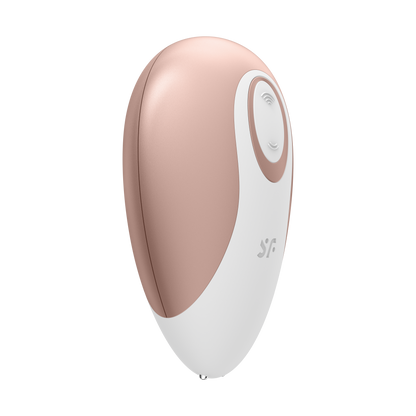 Top Right of the Satisfyer Deluxe Air Pulse Stimulator with the controls on the top of the product facing the right side with the "SF" logo.