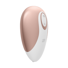 Load image into Gallery viewer, Top Right of the Satisfyer Deluxe Air Pulse Stimulator with the controls on the top of the product facing the right side with the &quot;SF&quot; logo.