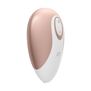 Top Right of the Satisfyer Deluxe Air Pulse Stimulator with the controls on the top of the product facing the right side with the "SF" logo.