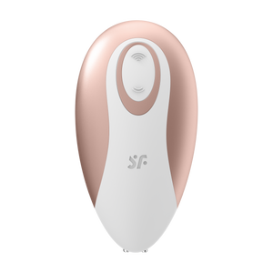 Top of the Satisfyer Deluxe Air Pulse Stimulator with the controls on the top and "sf" logo.