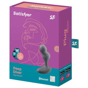 Front of package Satisfyer Deep Diver Plug Vibrator + Free App, Bluetooth and 15 year guarantee. Side of package Plug Vibrator, Available on App Store or get it on Google Play.