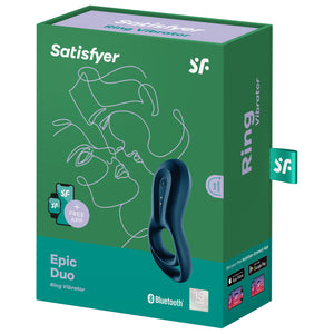 Front of the Satisfyer Epic Duo Ring Vibrator showing the Satisfyer app on a mobile phone and smart watch shows + Free App, as well as the product showing the top with the power button, top right of the package is "SF" logo, Bluetooth logo indicating compatibility, and 15 year guarantee on the bottom right of the package. On the side of the package is written Ring Vibrator, with Apple Store and Google Play store logos on the bottom, tag on the right side with the "SF" logo sticking out.