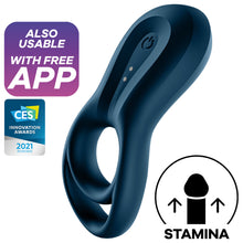 Load image into Gallery viewer, Also Usable with free App. CES Innovation Awards 2021 Honoree. Satisfyer Epic Duo Ring Vibrator showing the power button with the charging port. Bottom right is an icon for STAMINA.