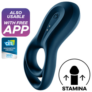 Also Usable with free App. CES Innovation Awards 2021 Honoree. Satisfyer Epic Duo Ring Vibrator showing the power button with the charging port. Bottom right is an icon for STAMINA.