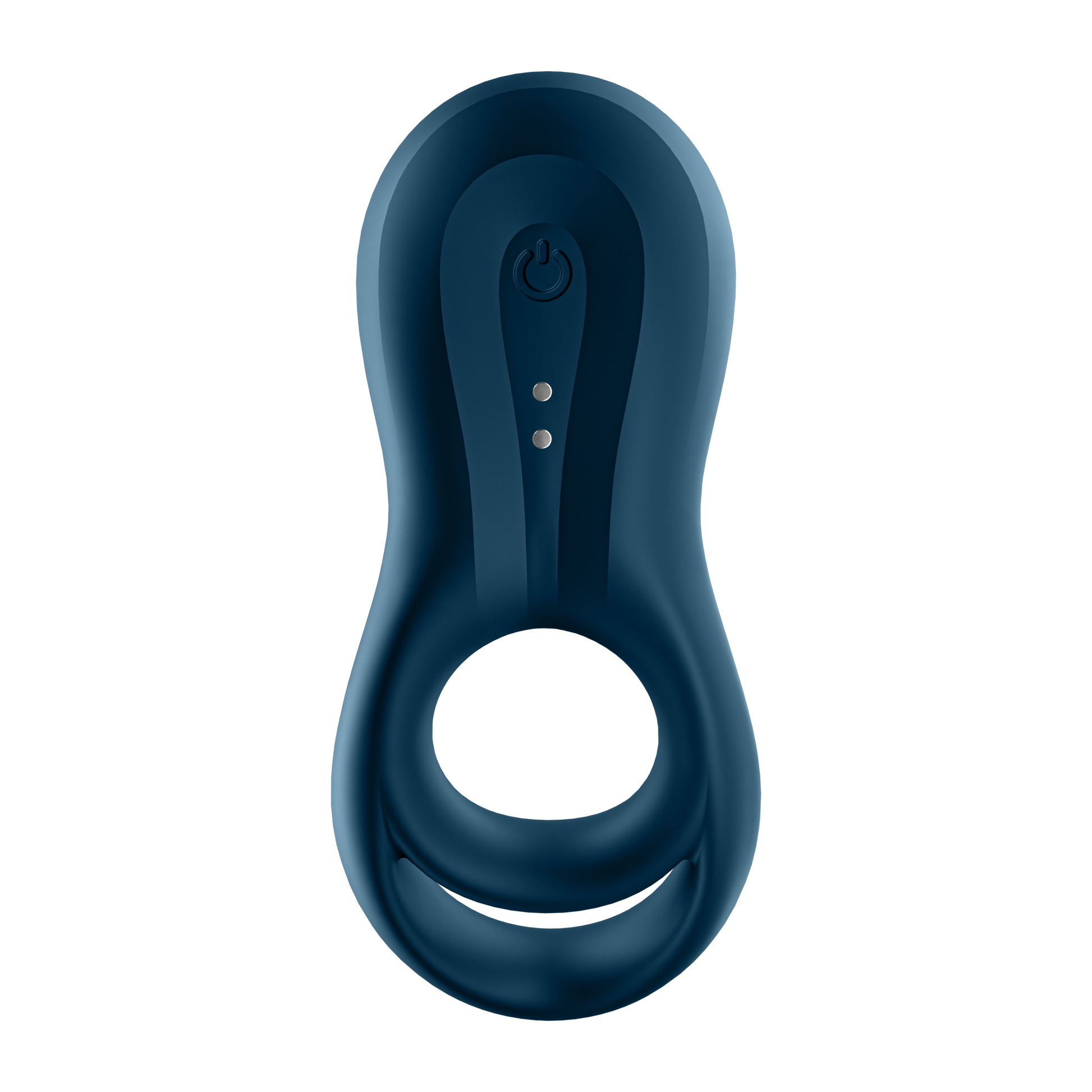 Bottom of the Satisfyer Epic Duo Ring Vibrator with the power button, with the charging port in the middle.