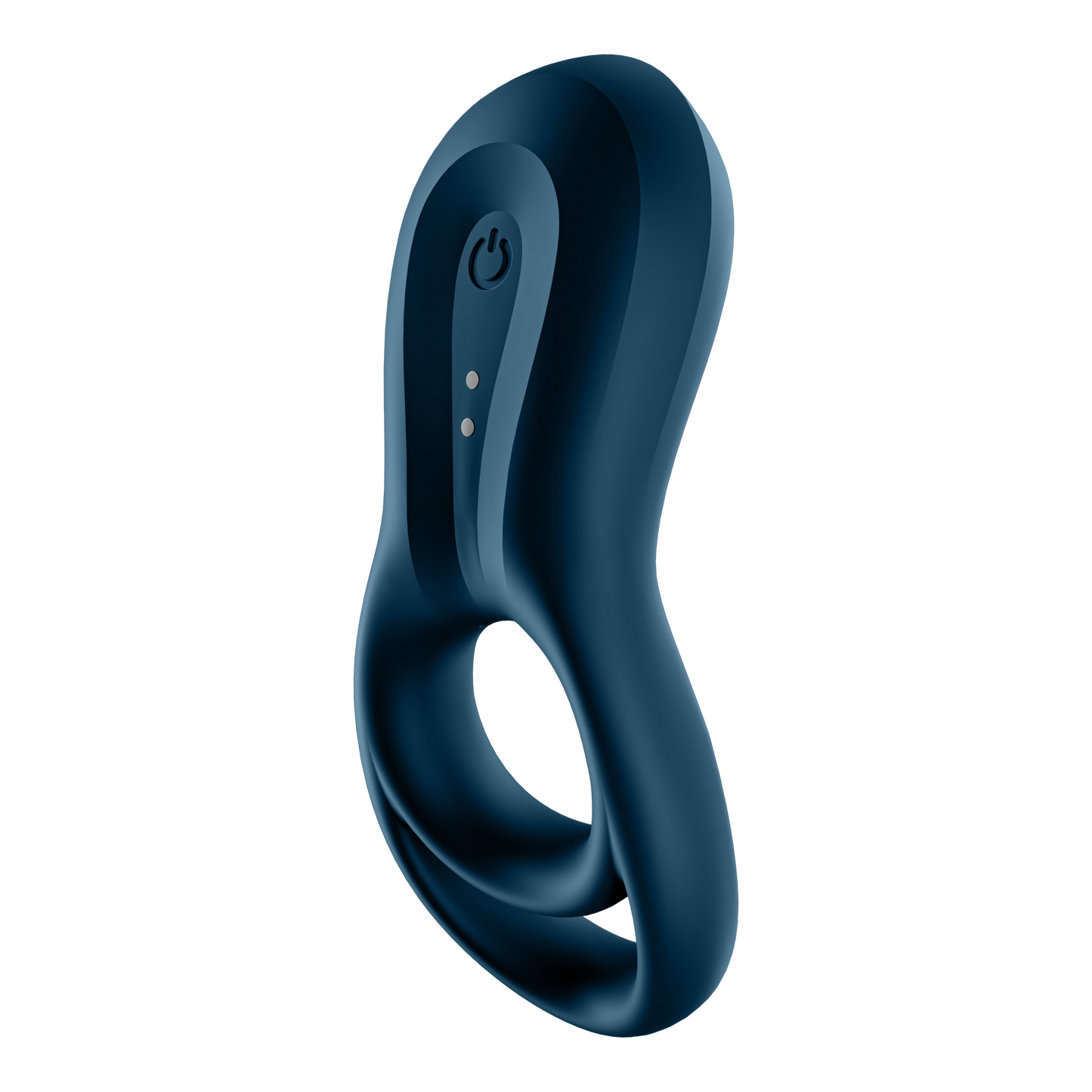 Bottom right of the Satisfyer Epic Duo Ring Vibrator with the power button facing the left side, with the charging port.