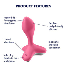 Load image into Gallery viewer, Satisfyer Game Changer Plug Vibrator Product Features clockwise: Flexible body friendly silicone (pointing to the material of the product), magnetic charging connection (pointing to the lower back of the product), safe play thanks to the wide base (pointing to the front base support), control vibrations (pointing to the power button), and tapered tip for targeted stimulation (pointing to the top tip of the product).