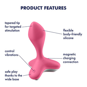 Satisfyer Game Changer Plug Vibrator Product Features clockwise: Flexible body friendly silicone (pointing to the material of the product), magnetic charging connection (pointing to the lower back of the product), safe play thanks to the wide base (pointing to the front base support), control vibrations (pointing to the power button), and tapered tip for targeted stimulation (pointing to the top tip of the product).