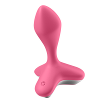 Load image into Gallery viewer, Front side view from the top of the Satisfyer Game Changer Plug Vibrator, with the power button on the left side of the base.