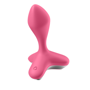 Front side view from the top of the Satisfyer Game Changer Plug Vibrator, with the power button on the left side of the base.