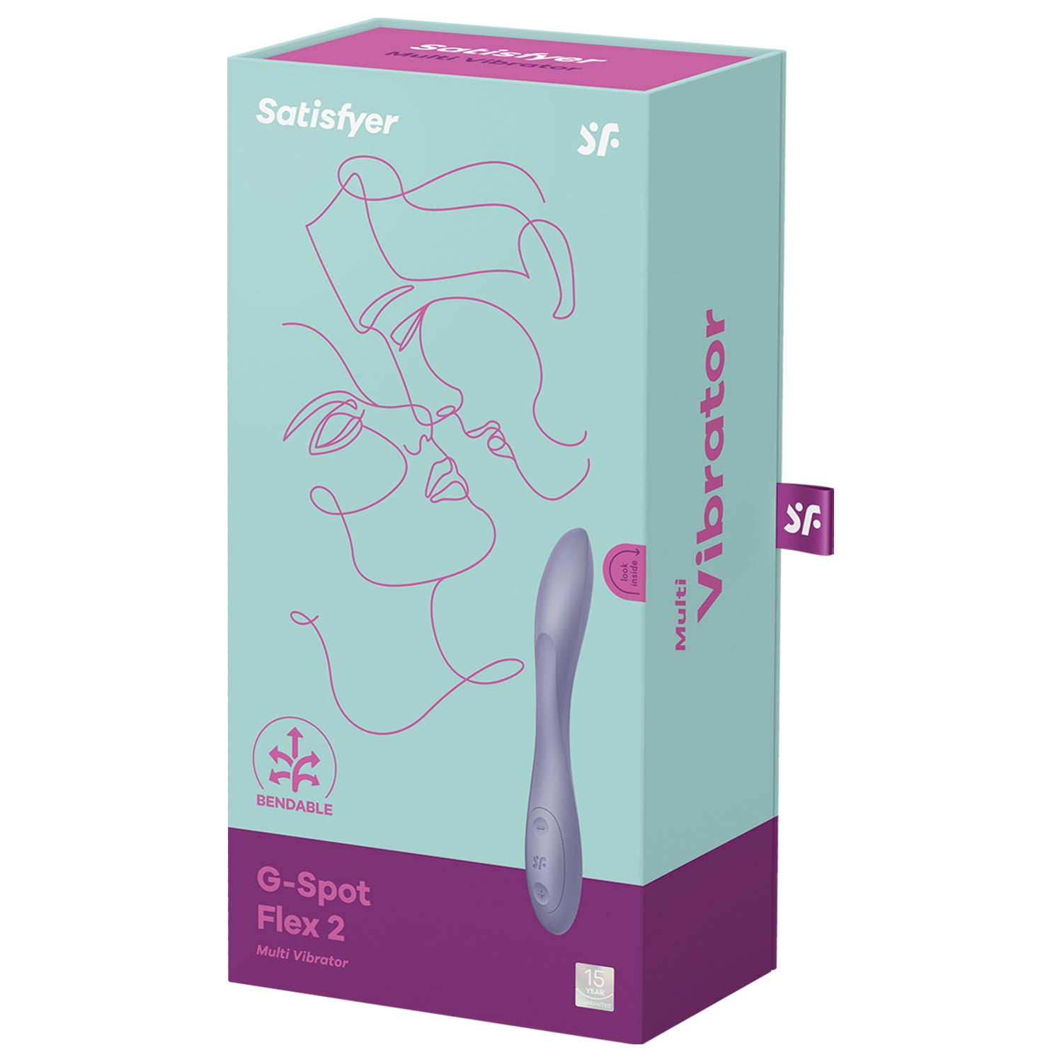 Front of the package for the Satsifyer  G-Spot Flex 2 Multi Vibrator. Front of the package shows the front of the G-Spot Flex 2 Multi Vibrator with the controls of the vibrator showing, and an icon showing that it's bendable, on the top are the satisfyer logos, and on the bottom right shows the 15 year guarnatee. On the right side of the package is written Multi Vibrator