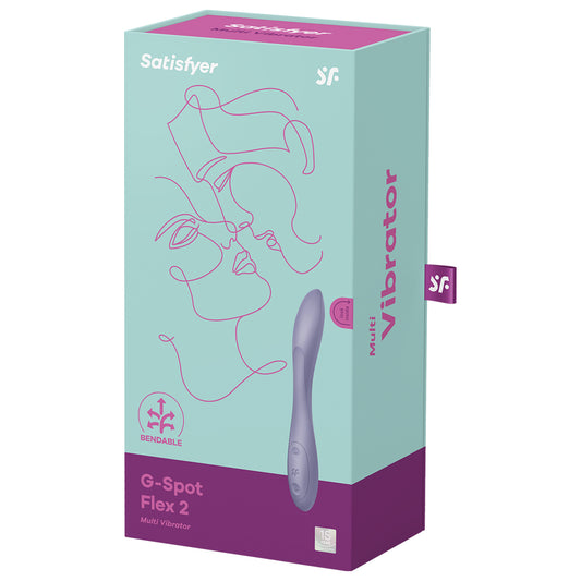 Front of the package for the Satsifyer  G-Spot Flex 2 Multi Vibrator. Front of the package shows the front of the G-Spot Flex 2 Multi Vibrator with the controls of the vibrator showing, and an icon showing that it's bendable, on the top are the satisfyer logos, and on the bottom right shows the 15 year guarnatee. On the right side of the package is written Multi Vibrator