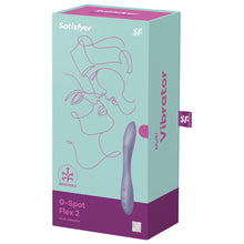 Load image into Gallery viewer, Front of the package for the Satsifyer  G-Spot Flex 2 Multi Vibrator. Front of the package shows the front of the G-Spot Flex 2 Multi Vibrator with the controls of the vibrator showing, and an icon showing that it&#39;s bendable, on the top are the satisfyer logos, and on the bottom right shows the 15 year guarnatee. On the right side of the package is written Multi Vibrator